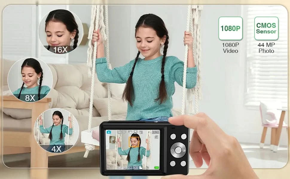 HD 1080P 2.4 inch digital Camera Rechargeable Cameras with 16x Zoom Compact Camera 44MP Cameras for kids Beginner Camera - M & M Global