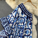 Summer Long Dress Women Runway Blue And White Porcelain Asymmetry Sexy Off The Shoulder Ruffles Hem Loose Robe Maxi Vestidos - M & M Global