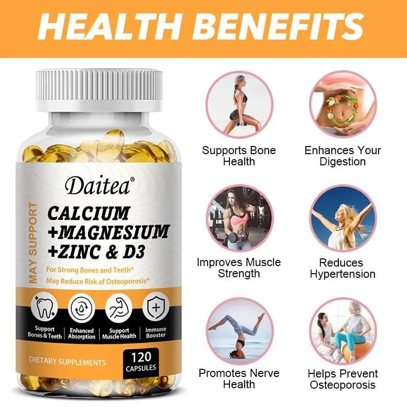 Calcium, Magnesium, Zinc + Vitamin D3 for Healthy Teeth, Bones and Muscles, Heart and Nervous System Health, Immune Function - M & M Global