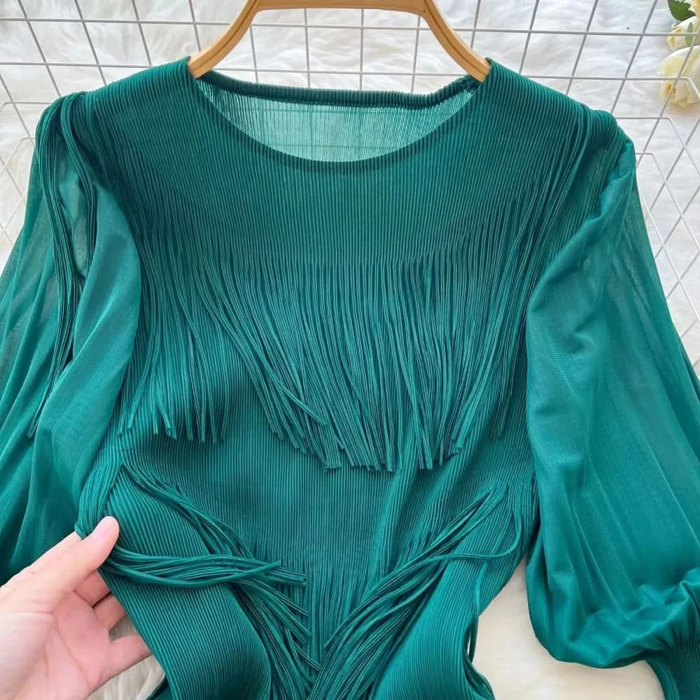 Vintage O-Neck Elegant Long Lantern Sleeve Chic Tassel Slim Long Dress French Fashion Evening High Street Autumn Winter Clothing - M & M Global