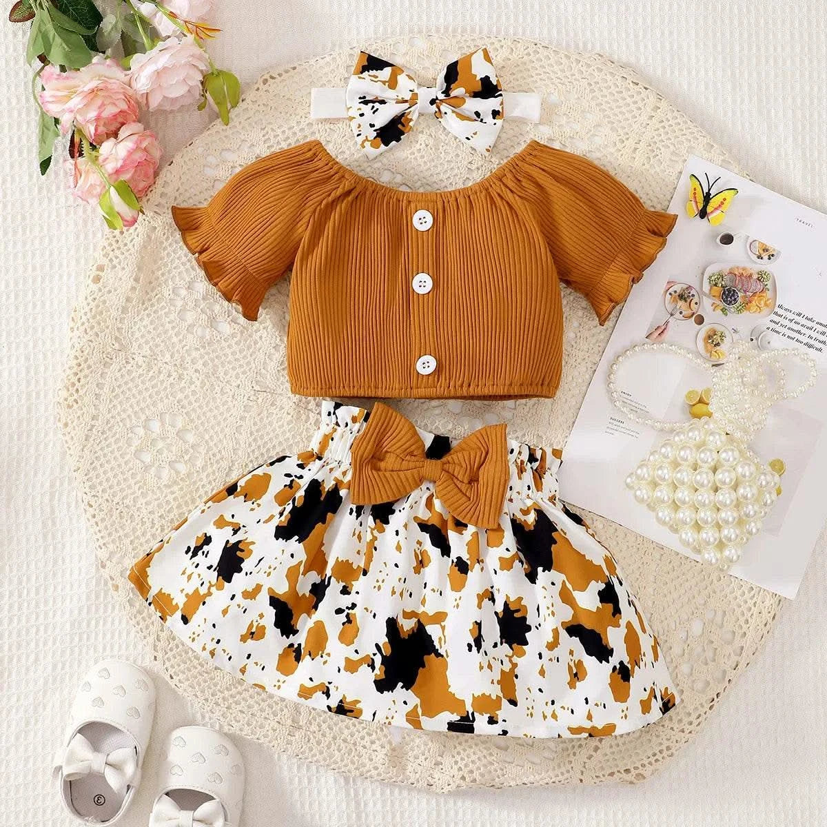 Baby Girl Summer Two-Piece Set Cute Casual one Shoulder Buckle Bow Short Skirt Set Headband Two-Piece Set - M & M Global