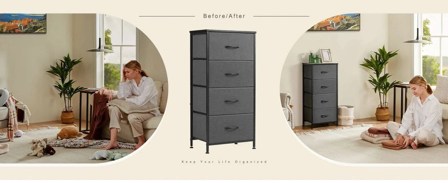 JHK Dresser For Bedroom With 4 Fabric Drawers Nightstand Wardrobe Steel Frame Closet For Clothes Storage Cabinet Of Furniture