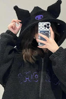 Thickened Loose Hooded Sweatshirt in Black with Embroidery Lambskin Imitation for Autumn And Winter Trendy Streetwear for Girls