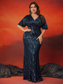 Plus Size Elegant V-Neck Sequins Evening Dresses Women Short Sleeve Luxury Wedding Party Floor Lenght Cocktail Gowns