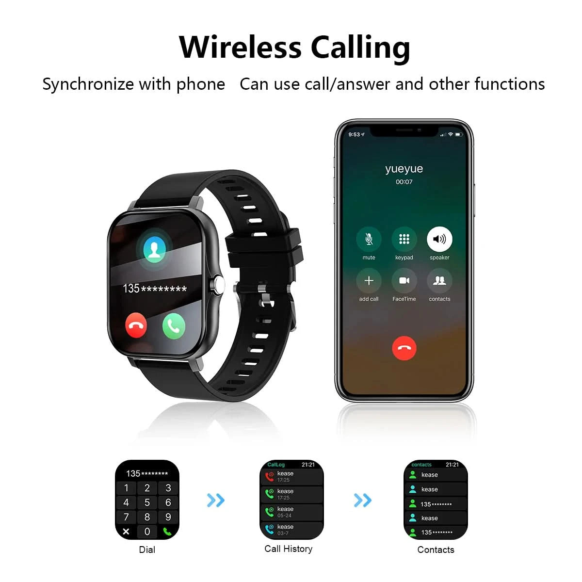 Smart watch wireless calling/dial Sport mode calling reminder and rejection fitness monitoring for iPhone/Andriod - M & M Global