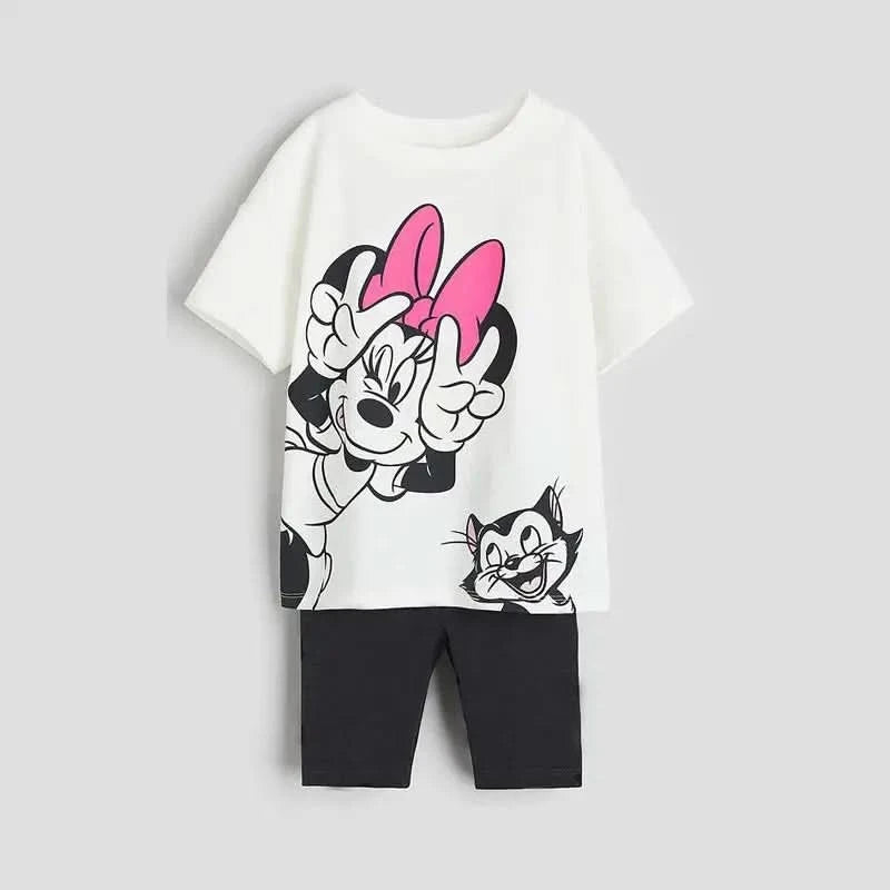 Disney Cartoon Girl Clothing Short Sleeve Suit Lovely Fashion Children's Loose Tees Tight Shorts Summer Kids Two Piece Set 9M-7Y - M & M Global