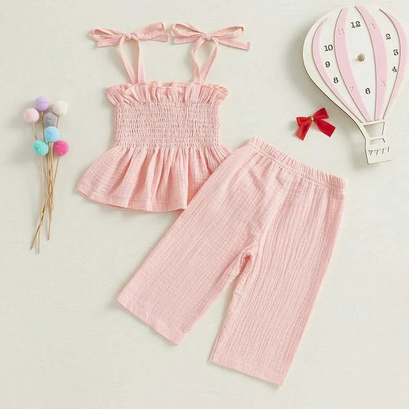 Adorable Toddler Girl Sleeveless Top and Shorts Set with Cute Bow Embroidery Detail - Summer Outfit for Little Princesses - M & M Global