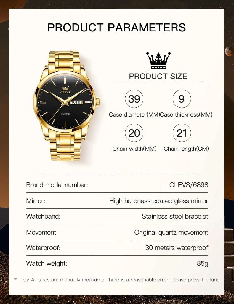 OLEVS Men Watches Waterproof Stainless Steel Quartz Male Wristwatch Gold Watch Fashion Luminous Luxury Calendar Business Clock - M & M Global
