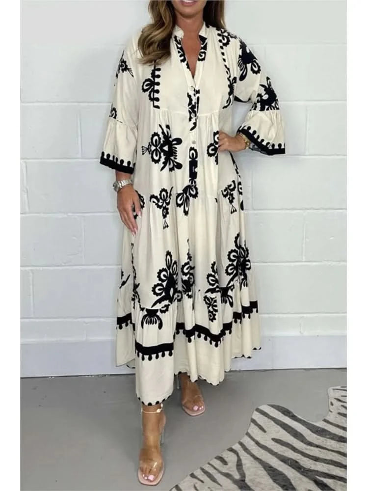 Women's Printed Loose Ethnic Retro Dress Spring Autumn V Neck Button A-Line Long Dress Summer 3/4 Sleeve Bohemian Maxi Dresses - M & M Global