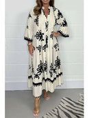Women's Printed Loose Ethnic Retro Dress Spring Autumn V Neck Button A-Line Long Dress Summer 3/4 Sleeve Bohemian Maxi Dresses - M & M Global