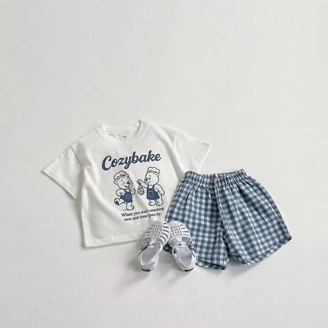 Print Tshirt Plaid Shorts 2Piece Set Summer Costume Boys Girls Baby Loose White Tees All-match Shorts New Child Trendy Outfits - M & M Global