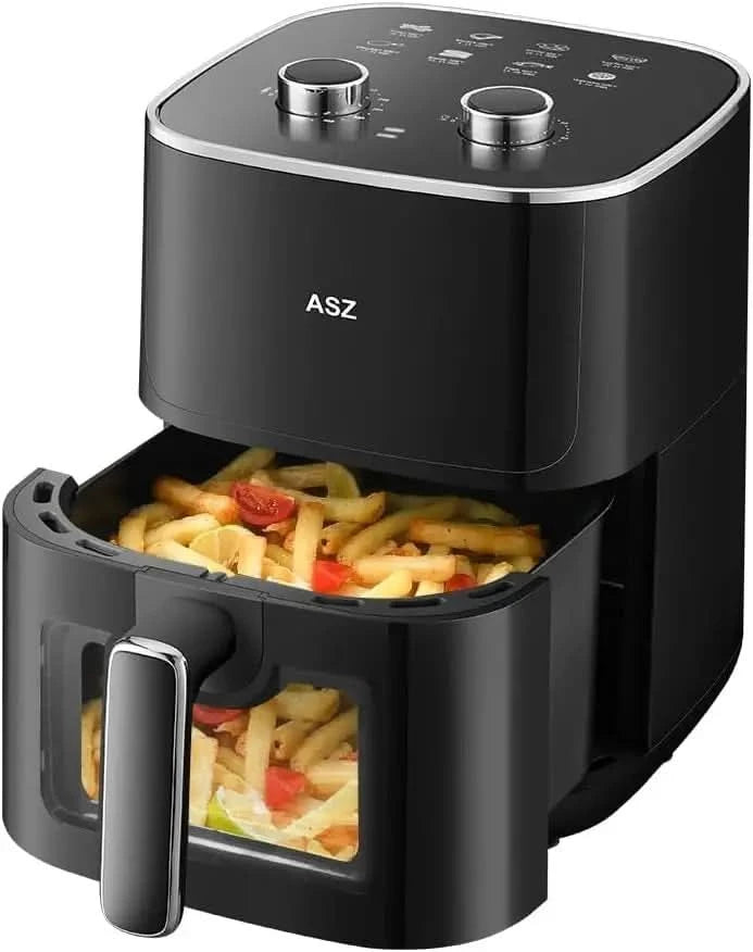 5qt Air Fryer Compact Knob Black for dorm office - 4.7L Airfryer with Window 1400W Visual Basket - Non-Stick Pan, Manuel Control - M & M Global