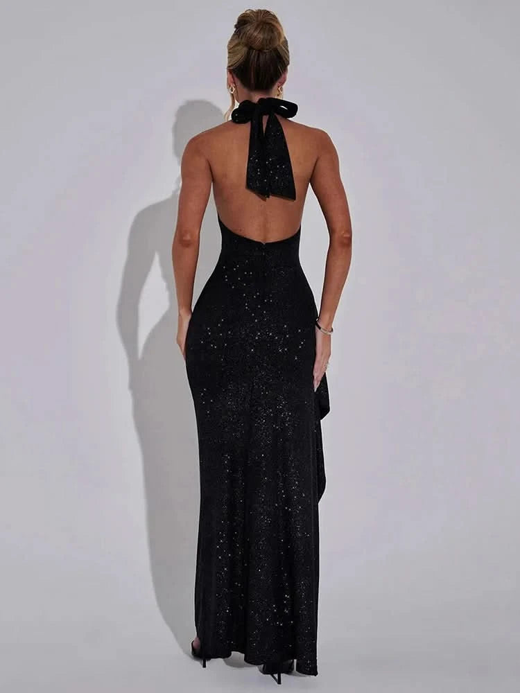 Mozision Sparkle Thigh High Split Sexy Maxi Dress Women Gown Black Half High Collar Sleeveless Backless Bodycon Sexy Long Dress - M & M Global