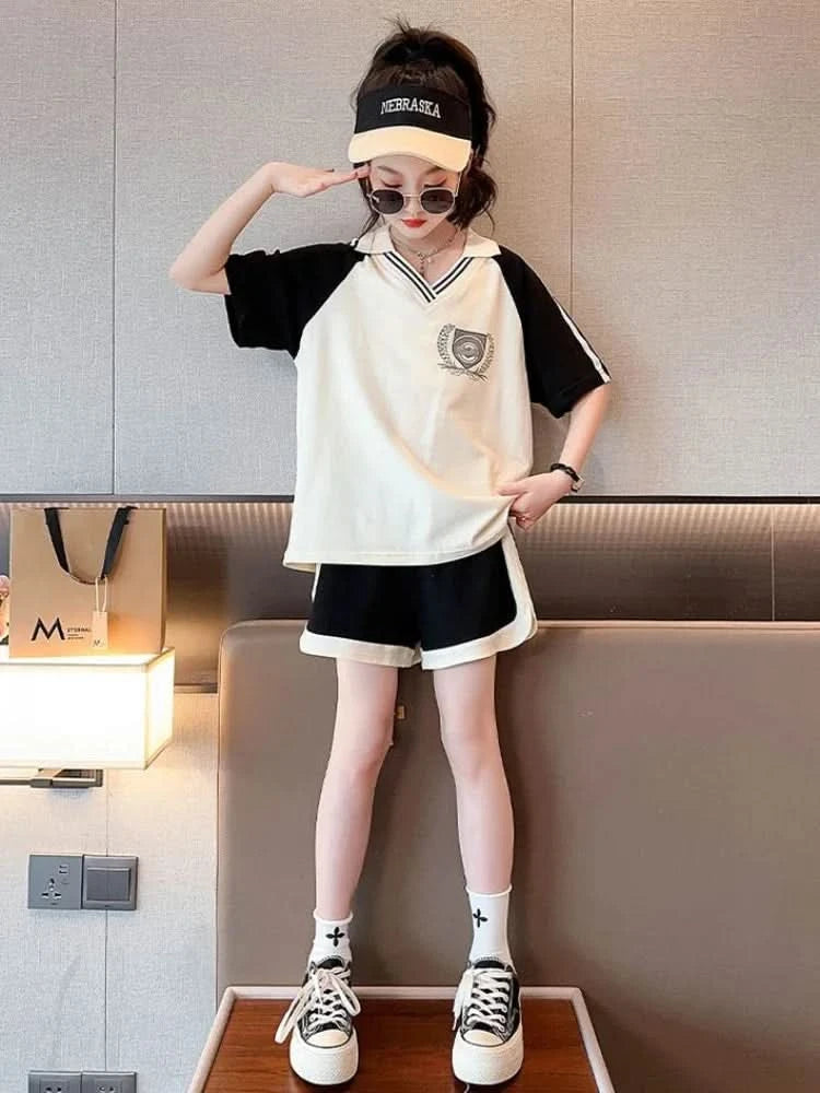 Summer Clothes Set for Children Girls Fashion V Neck T-shirts and Shorts 2pcs Suit Teenage Lapel Top Bottom Outfits Tracksuits - M & M Global