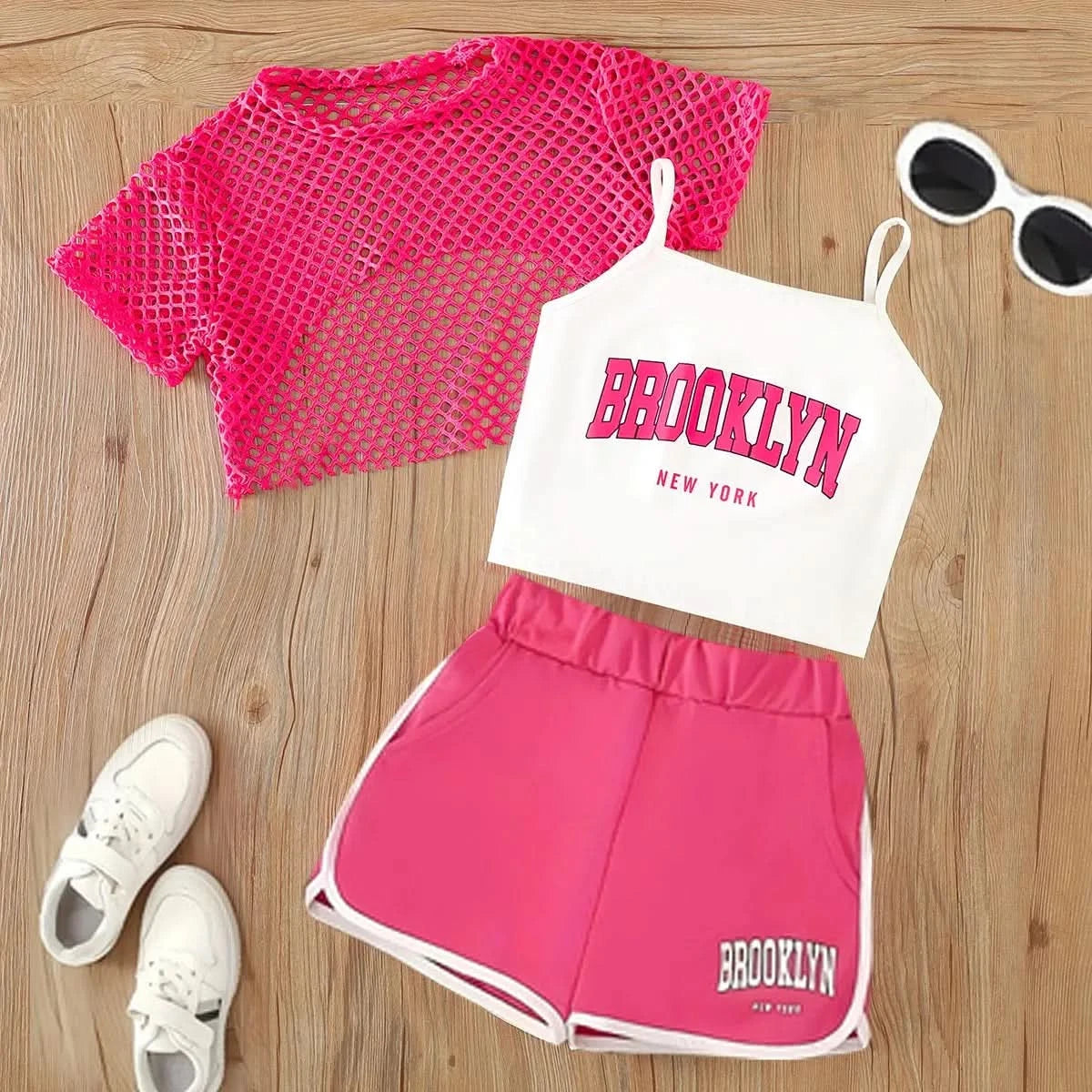 Girls Three-Piece Clothing New Breathable Summer Thin Fashion Short-Sleeved Mesh Top + Letter Printed Short Vest Suspender + Letter Printed Sports Shorts - M & M Global