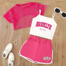 Girls Three-Piece Clothing New Breathable Summer Thin Fashion Short-Sleeved Mesh Top + Letter Printed Short Vest Suspender + Letter Printed Sports Shorts - M & M Global