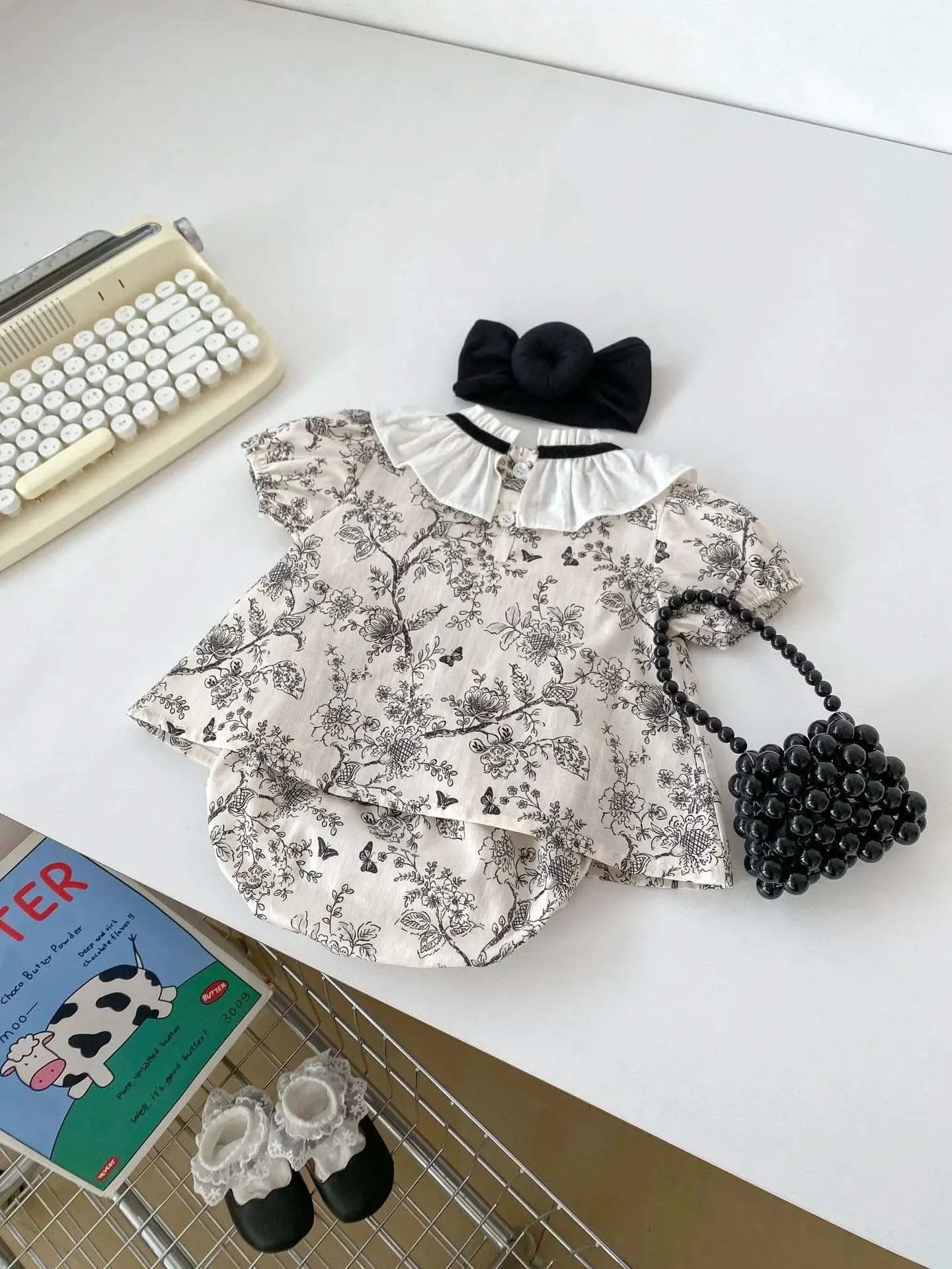 2PCS Summer Floral Baby Girl Suit New Autumn Fashion Lace Bow Baby Girls' Set Peter Pan Collar Shirt and Shorts Princess Outfits - M & M Global