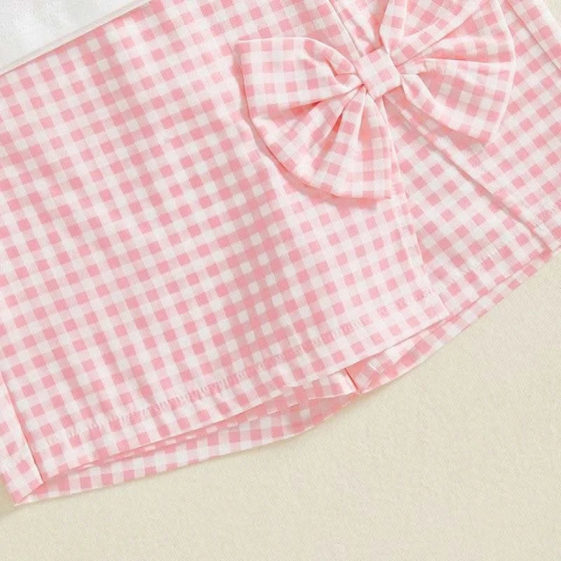 Adorable Toddler Girl Outfit with Bow Detail Short Sleeve Tee Plaid Skorts and Elastic Waistband - 2 Piece Summer Set - M & M Global
