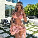 Women's Sexy 3 Piece Bikini Set 3D Flower Beach Skirt Swimsuit Pure Pink Triangle Halter Backless Thong Swimwear 2025 Summer New - M & M Global