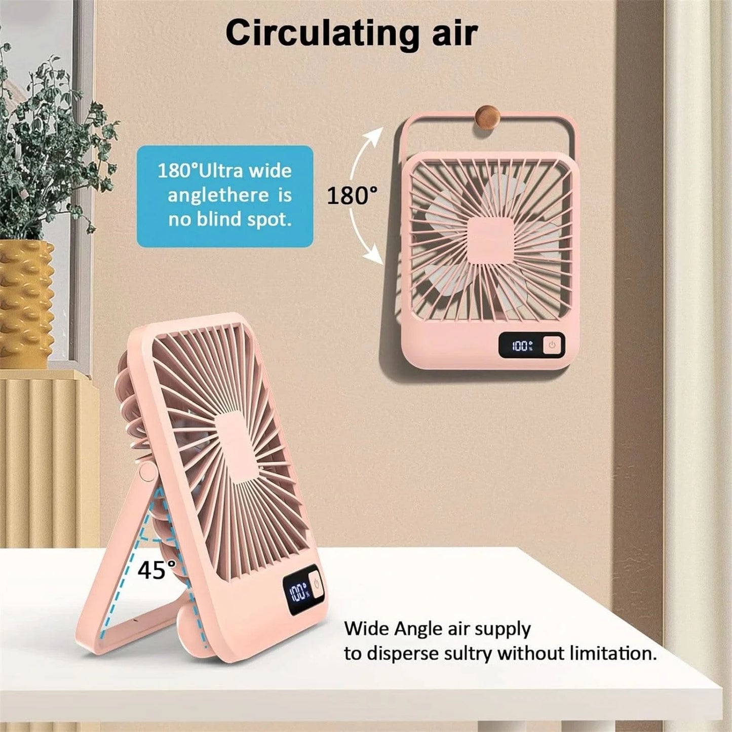Desk Fan, Portable USB Rechargeable Fan, 180° Tilt Folding Personal Fan With Power Display, 5 Speeds Ultra Quiet Table Fan - M & M Global