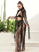 Leosoxs Tassel Hand Crochet Knitted Women Bikini Cover Ups Summer Holiday Beach Bathing Suit Sexy Hollow Out Skirts Matching Set - M & M Global