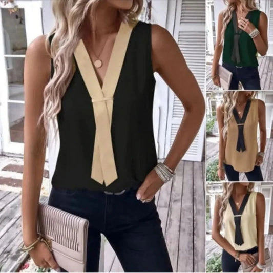 Elegant Women's Blouse Tees 2023 Summer Fashionable Style V-Neck Panel Sleeveless Top Lady Shirt S-XXXL - M & M Global