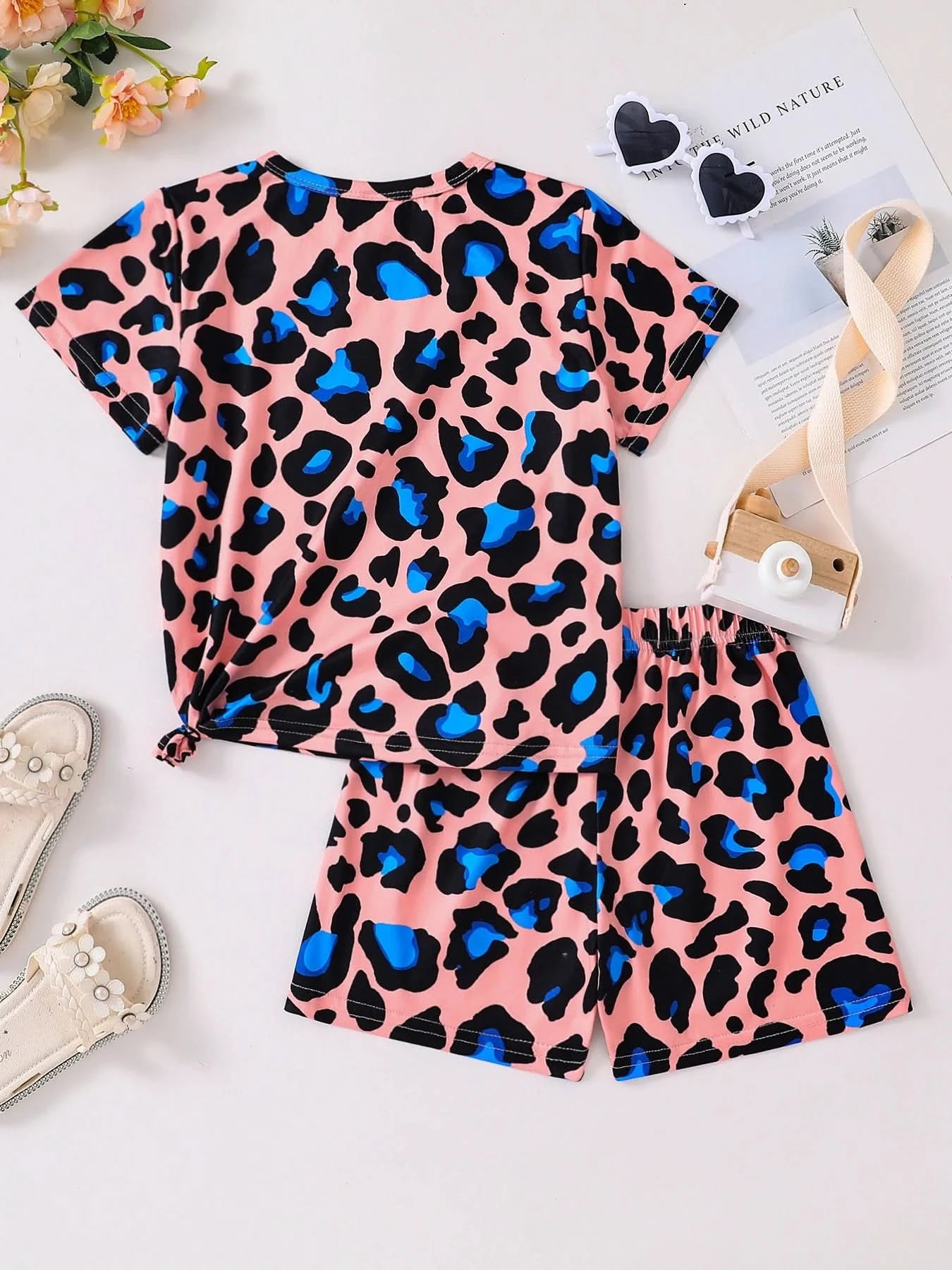 Summer 2-piece set of cute cartoon leopard casual children's clothing for girls, mixed color 4-8Y thin, cool and breathable - M & M Global