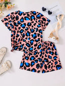Summer 2-piece set of cute cartoon leopard casual children's clothing for girls, mixed color 4-8Y thin, cool and breathable - M & M Global