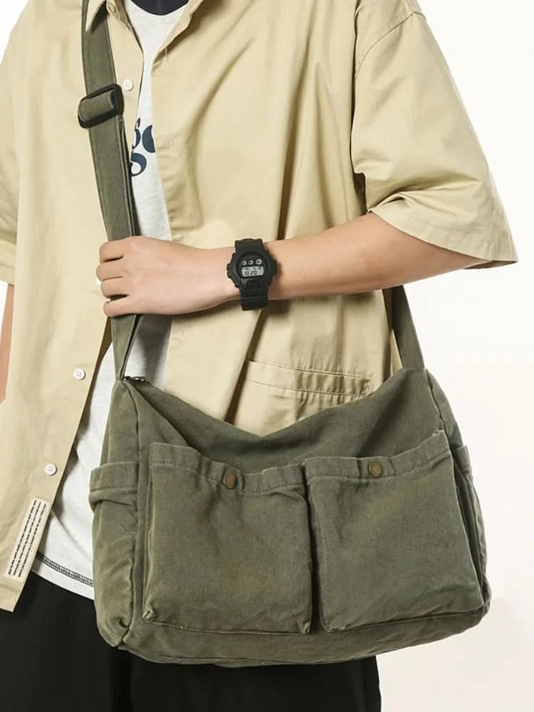 Vintage Style Canvas Messenger Bag Casual Travel Crossbody Bag Retro Large Capacity Shoulder Bag Multi Pocket Shoulder Bag - M & M Global