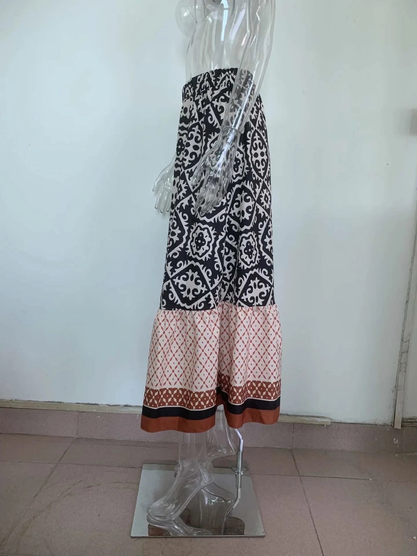 boho print maxi skirt women fashion high waist 3D printting long dress casual loose summer high waist skirts for women 2024 - M & M Global