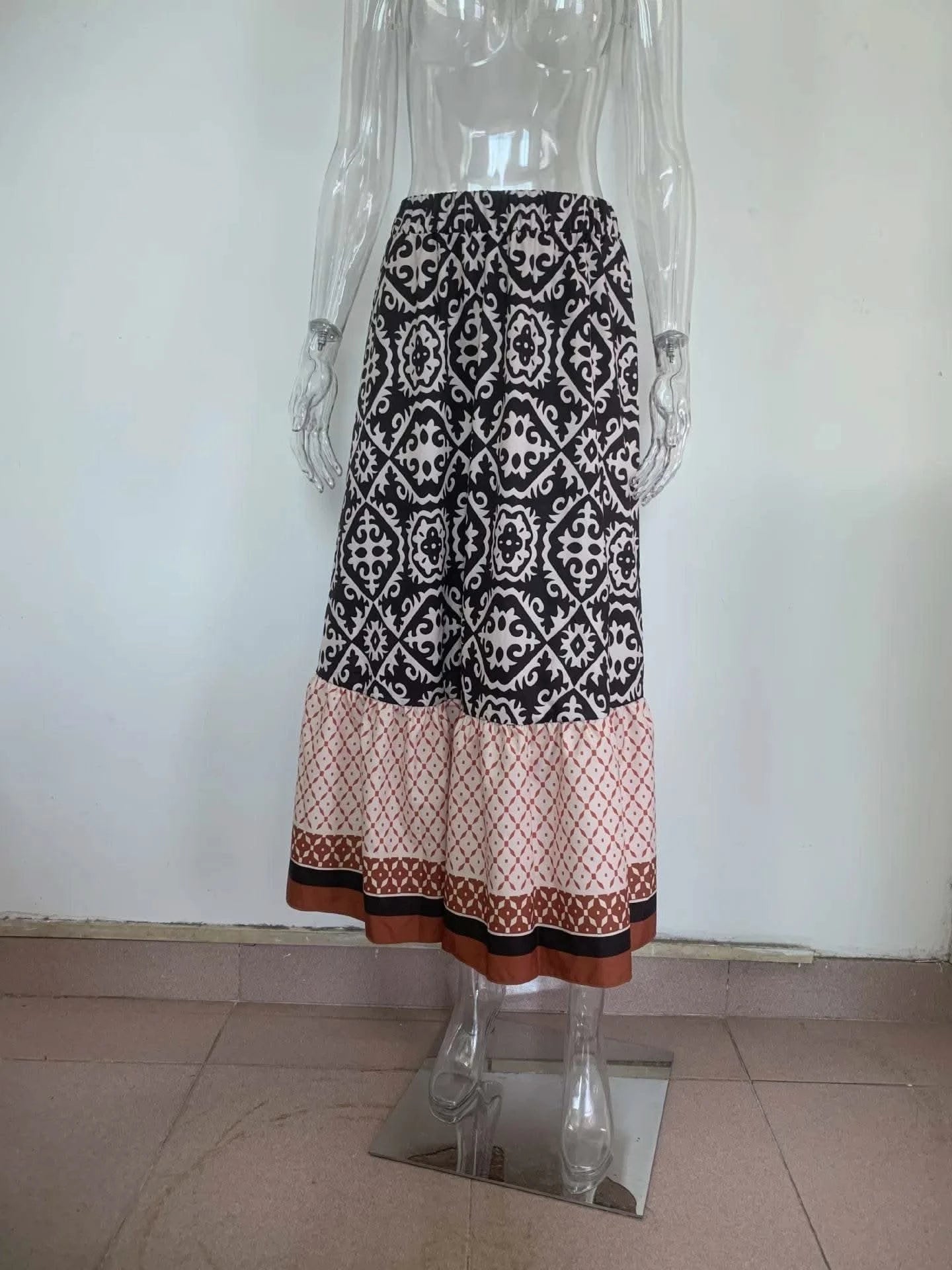 boho print maxi skirt women fashion high waist 3D printting long dress casual loose summer high waist skirts for women 2024 - M & M Global