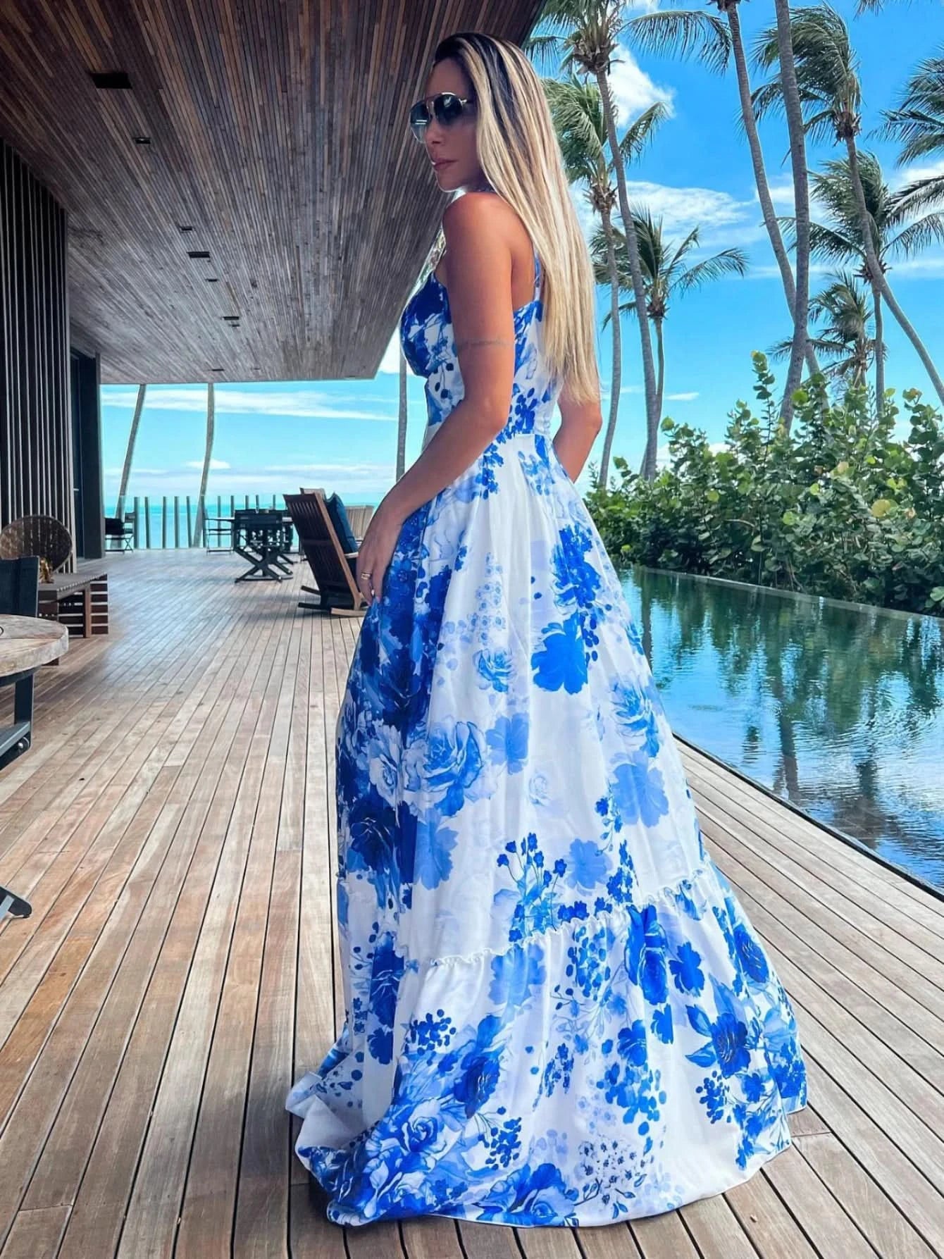 Summer Print Long Dress Women Clothing Lace Up Sling Party Dresses Pattern Strappy Ladies Hollow Out V-Neck Beach Vestidos - M & M Global