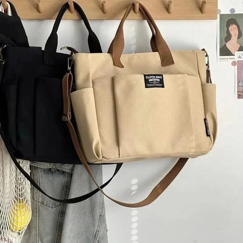 Urban Minimalist Female Student Large Capacity Commuting Horizontal Canvas Single Shoulder Diagonal Cross Portable Tote Bag - M & M Global