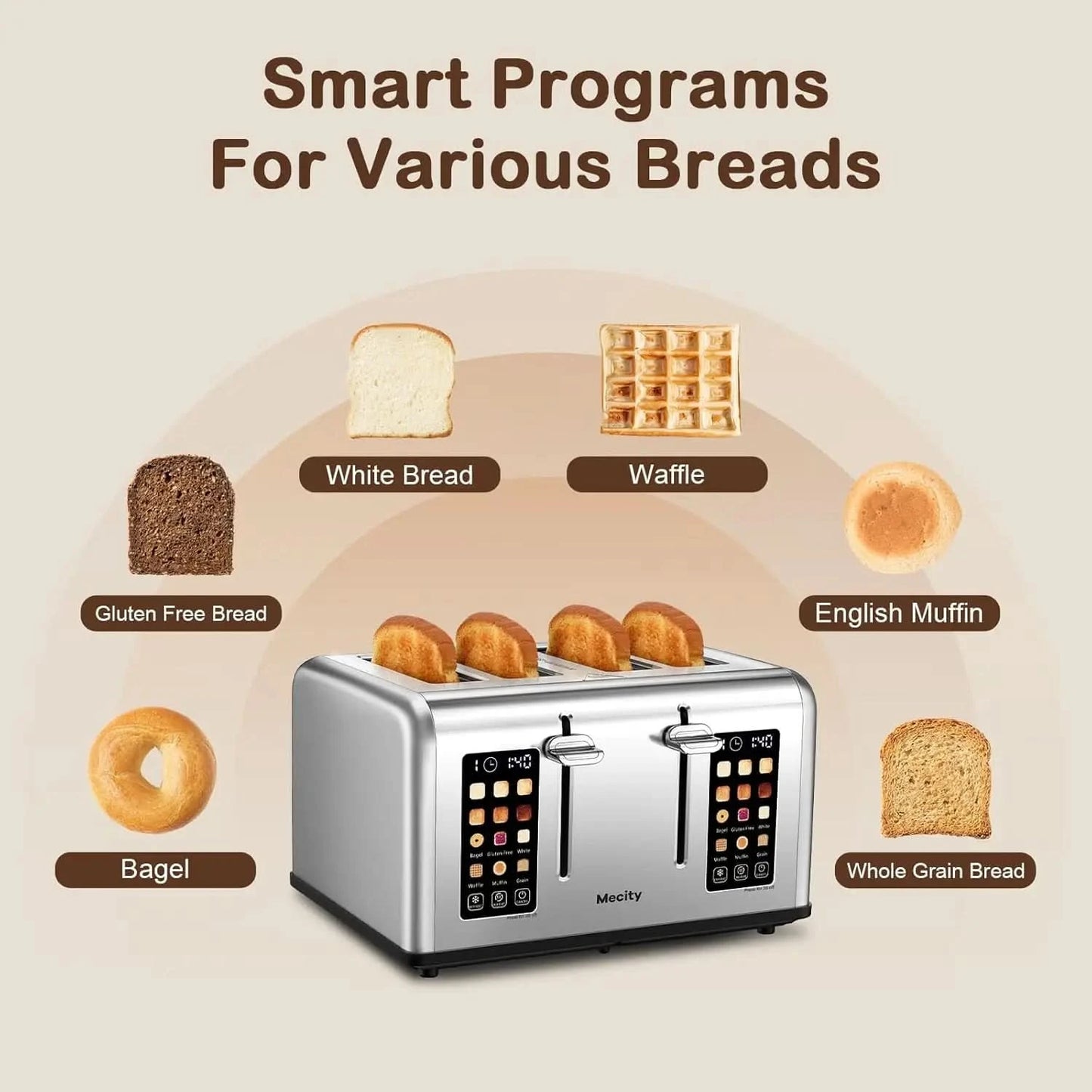 4 Slice Toaster with Touch Screen Control, 4 Wide Slots, Stainless Steel Smart Bread Toaster for Bagels, Muffins, Waffles, Dual - M & M Global