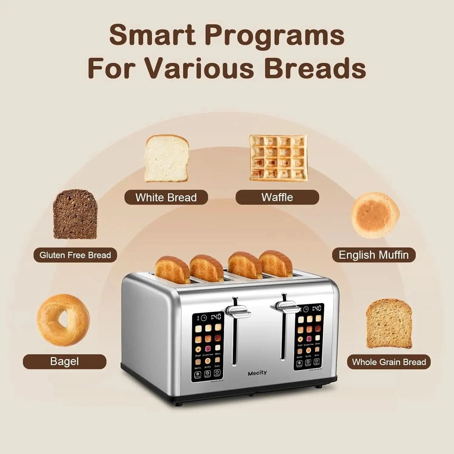 4 Slice Toaster with Touch Screen Control, 4 Wide Slots, Stainless Steel Smart Bread Toaster for Bagels, Muffins, Waffles, Dual - M & M Global