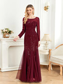 Elegant Long Sleeves Sequin Tulle Evening Dresses 2025 Women Luxury Mermaid Formal Bridesmaid Party Maxi Prom Dress