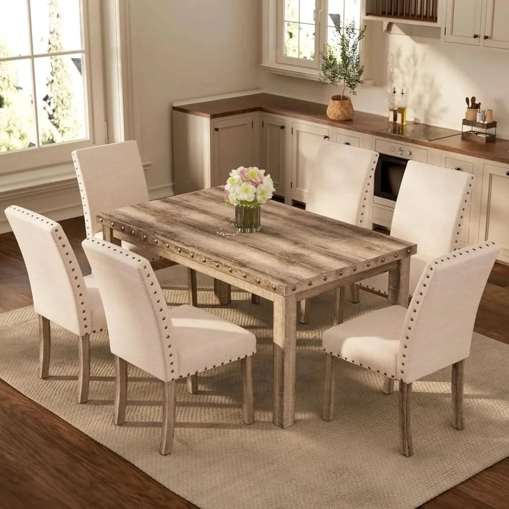 Rustic Dining Table, Farmhouse Kitchen Dining Chairs , Charming 60" Rectangular Wooden Table& Upholstered