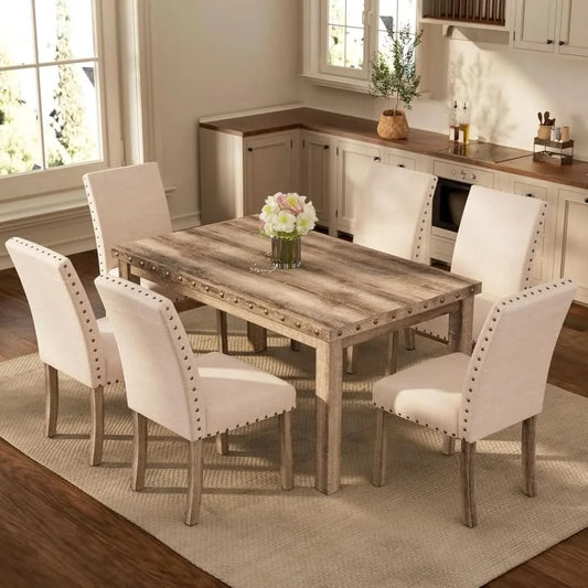 Rustic Dining Table, Farmhouse Kitchen Dining Chairs , Charming 60" Rectangular Wooden Table& Upholstered
