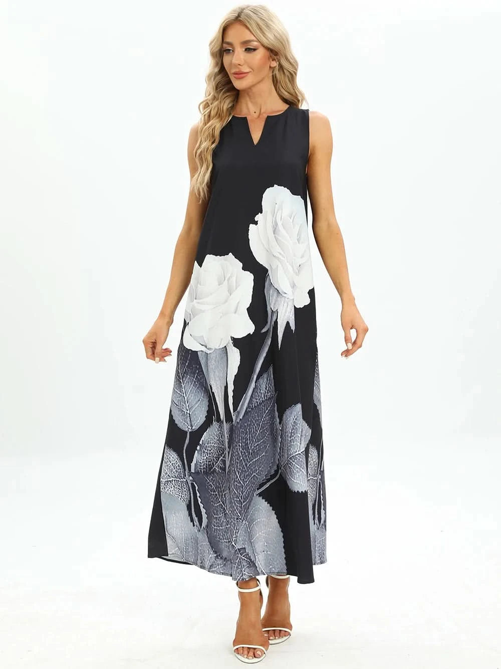 Lady Spring Summer Black Long Dress Sleeveless Red Petals Print Elegant Dresses For Women 2023 Party Beach Women Dress - M & M Global