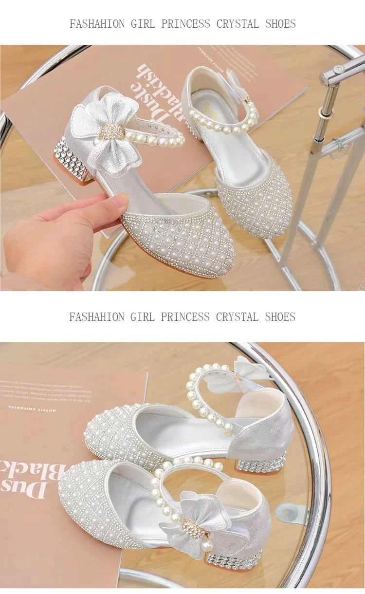 Rhinestones Princess Party Shoes Shiny Crystal Bow White Children High Heels Girls Sandals Summer Kids Student Performance Shoes - M & M Global