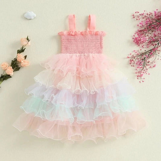 Lioraitiin Baby Kids Girl s Slip Dress  Casual Sleeveless Contrast Color Layered Summer A-line Dress Tulle Princess Dress - M & M Global
