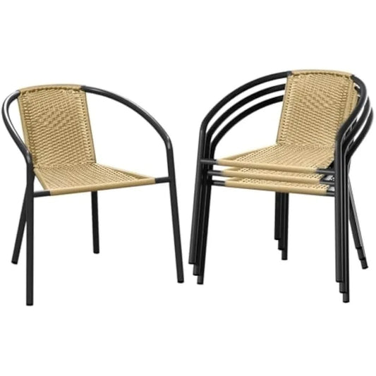 4 Pack Patio Stackable Rattan Chairs, Indoor-Outdoor Restaurant Wicker Dining All-Weather Armchair Stack Chair (Beige)