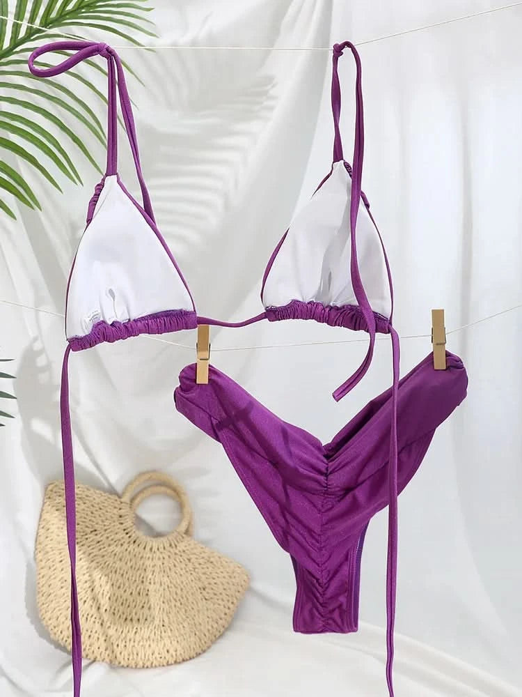 Summer 2025 Bikini Luxury Swimwear Women Biquini Folds Bikini Set Bathing Suit Women Swimsuit High Grade Champagne Bikinis Beach - M & M Global