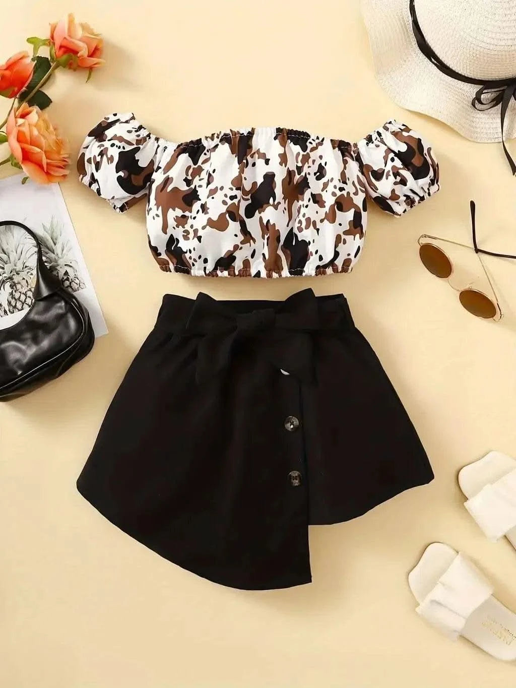 2PCS Toddlers Girl Summer Clothes Set Off Shoulder Leopard Print Top+Short Skirt with Bow Birthday Party Wear for Kids 1-4 Years - M & M Global