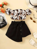 2PCS Toddlers Girl Summer Clothes Set Off Shoulder Leopard Print Top+Short Skirt with Bow Birthday Party Wear for Kids 1-4 Years - M & M Global