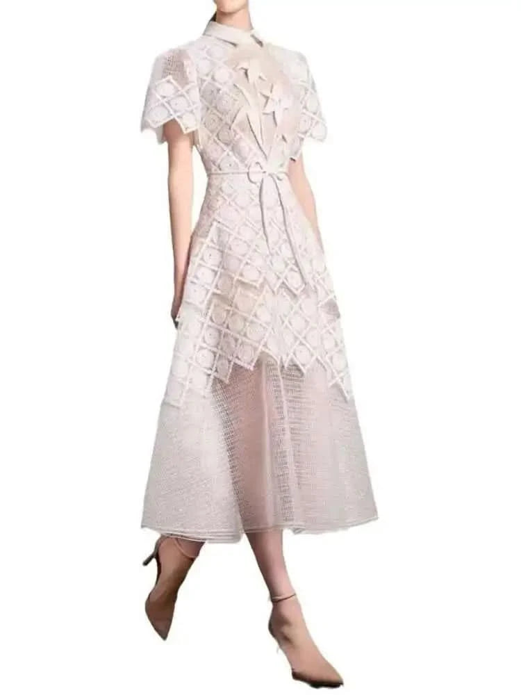 UCXQ Elegant Long Dress Fairy Style Embroidery Lace Patchwork Short Sleeve Waist Party Dresses For Women 2025 Spring Summer 9302 - M & M Global