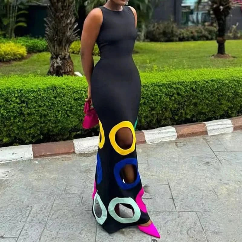 Summer Black Slim Hollow Sexy Party Vacation Long Dress Women's  Elegant Casual Sleeveless Sundress New High Waist Evening Dress - M & M Global