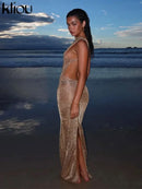 kliou Shiny Long Dress Stunning Women Solid Summer Thin Mesh Sheer Backless Sleeveless Bodycon Female Elegant Fashion Vestidos - M & M Global