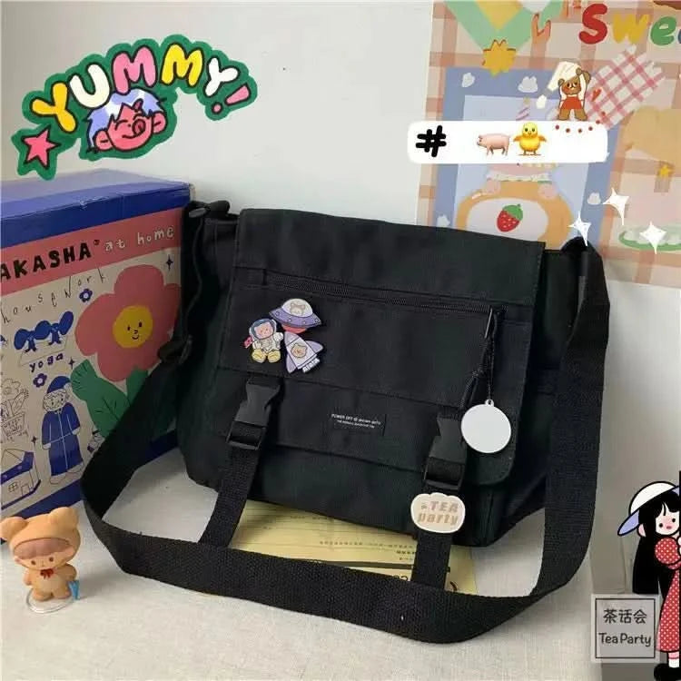 Harajuku Versatile Messenger Bag, Retro Street Crossbody Bag, Student School Canvas Bag,Casual Large Capacity Shoulder Bag - M & M Global