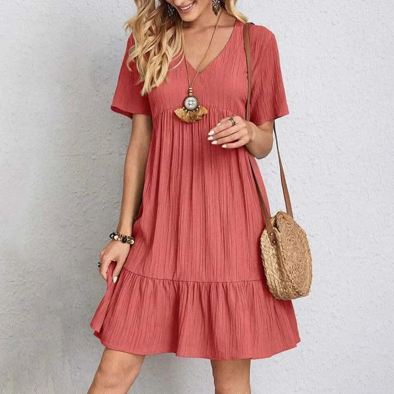 2025 Loose V-neck Short Sleeved Pleated Women Dress Solid Color A-line Beach Dresses Elegant Simple Comfortable Woman Clothing - M & M Global